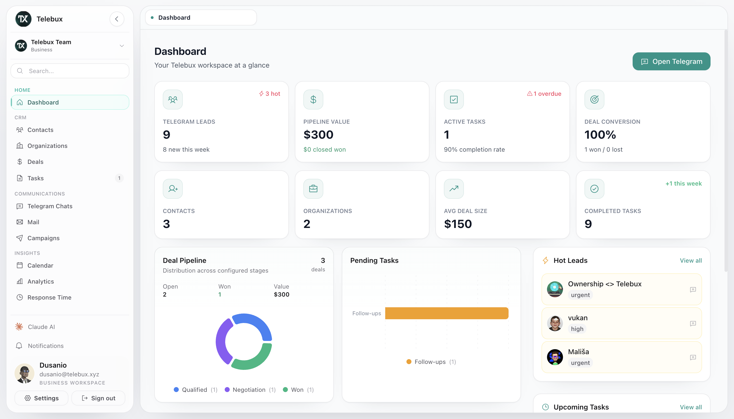 Telebux workspace dashboard