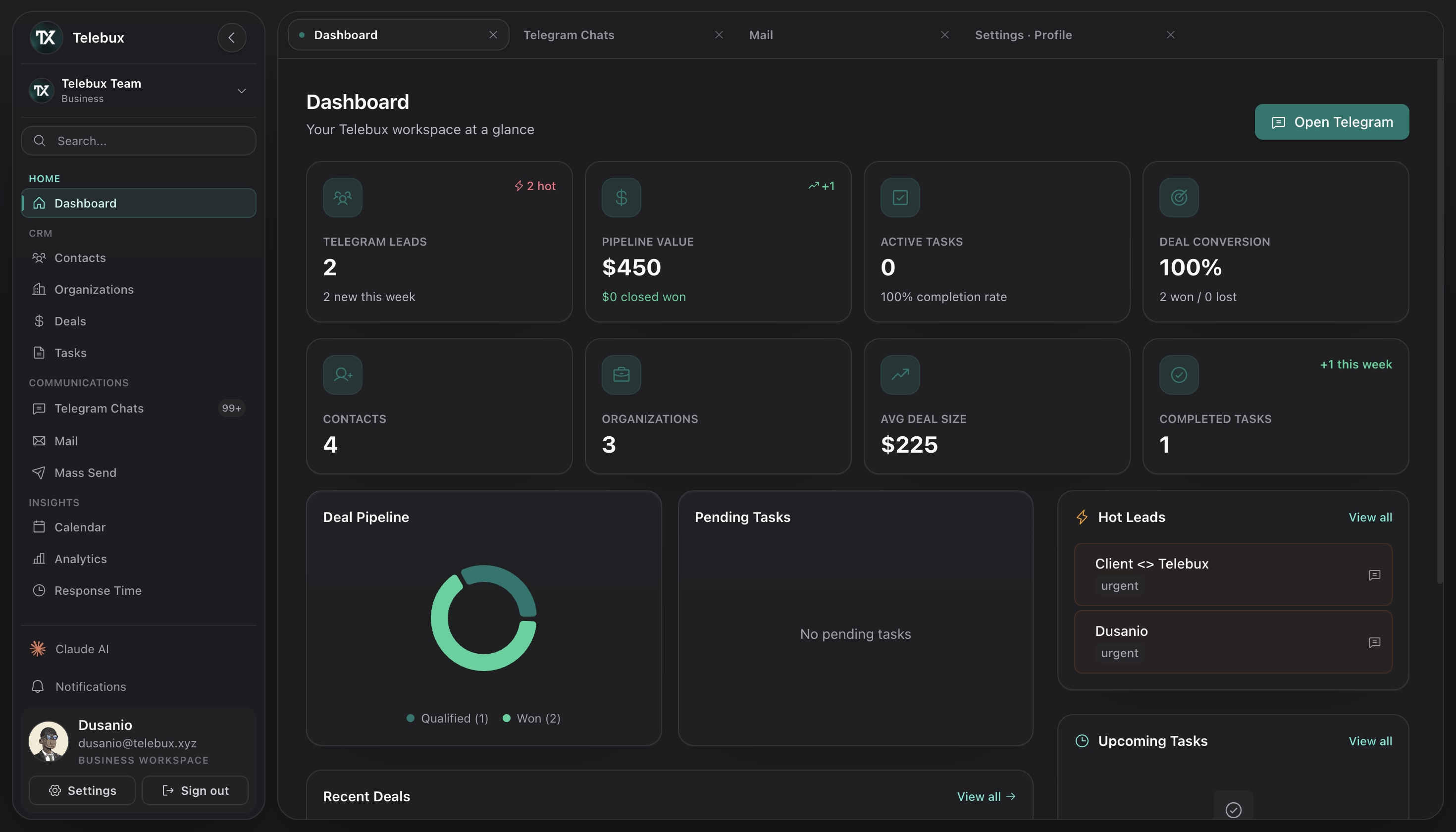 Telebux workspace dashboard